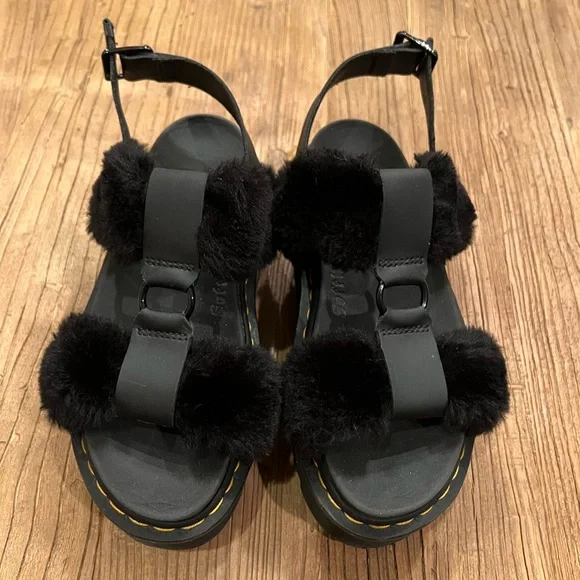 Dr. Martens Francis Fluffy F Fur Leather Sandals, Black, Like New, Size 7-8 /38 - Picture 4 of 11